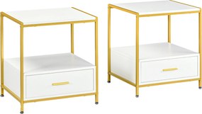Set de 2 Masute Noptiere Moderne, Noptiere cu Sertar si Raft, Organizatoare de Depozitare, Alb si Auriu 50x40x55cm HOMCOM | Aosom Romania