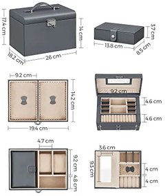 Cutie de bijuterii, Songmics, Gri, 26x18x17 cm
