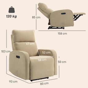HOMCOM Fotoliu Relax Electric Reclinabil 135° cu Suport pentru Picioare, Tetieră Reglabilă, Șezut Spațios, Fotoliu Tapițat, Motoare Duble, Porturi USB și USB-C, Catifea Bej, Living | Aosom Romania