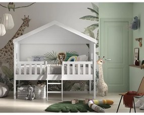 Pat Căsuță Housebed 90x200 cm cu Scară, pentru Copii, Alb – Vipack