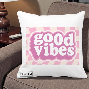 Perna Decorativa Good Vibes Retro Roz, 40x40 cm, Alba Mata, Husa Detasabila, Perna Inclusa, BEKZ®