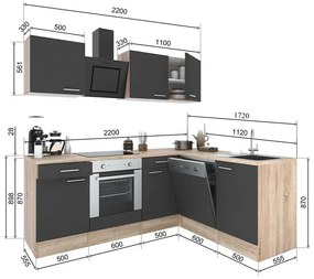 Mobilă de bucătărie de colț Yorki 220, corp din stejar sonoma, față antracit satinat, element inferior cuptor
