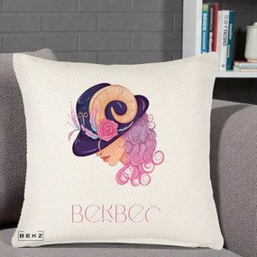 Perna Personalizata Zodie Berbec, 40x40 cm, Crem Reliefat, Husa Detasabila, Perna Inclusa, BEKZ®