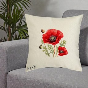 Perna Decorativa Maci Rosii Acuarela, 40x40 cm, Ecru, Husa Detasabila, Perna Inclusa, BEKZ®