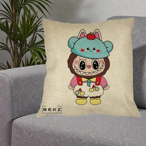 Perna Personalizata Labubu x Urs Albastru Colorat, 40x40 cm, Crem, Husa Detasabila, Perna Inclusa, BEKZ®