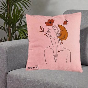 Perna Decorativa Portret Feminin Mac Privire Inalta, 40x40 cm, Roz, Husa Detasabila, Perna Inclusa, BEKZ®