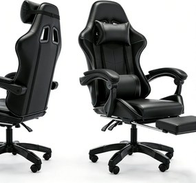 Scaun gaming, Masaj în perna lombară, Rabatabil 90-145°, Suport picioare, piele PU, Negru