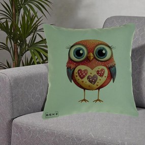 Perna Decorativa Bufnita Rosie cu Inimi Aurii, 40x40 cm, Verde, Husa Detasabila, Perna Inclusa, BEKZ®