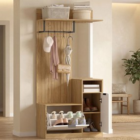 HOMCOM Cuier pentru intrare cu pantofar dulap rafturi deschise și 4 cârlige 80x37x168 cm Stejar | Aosom Romania