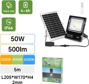 Aigostar -LED Proiector solar cu LED/50W/3,2V 1200mAh 3000K/4000K/6500K IP66 + telecomandă