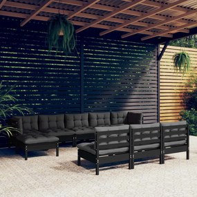 3097119 vidaXL Set mobilier grădină cu perne, 10 piese, negru, lemn de pin