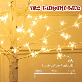 HOMCOM Copac Di Betulla Con 120 Lumini Led Înalt 150cm 3 Niveluri Luminosità Alb | Aosom Romania