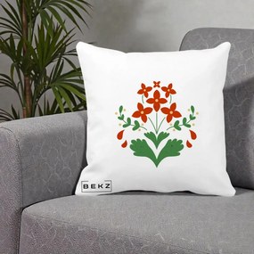 Perna Decorativa Buchet Floral Folk Rosu-Verde, 40x40 cm, Alba Mata, Husa Detasabila, Perna Inclusa, BEKZ®