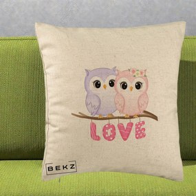 Perna Decorativa Love Bufnite Indragostite pe Crenguta Roz si Mov, 40x40 cm, Bej, Husa Detasabila, Perna Inclusa, BEKZ®
