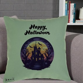 Perna Decorativa Happy Halloween Casa Bantuita Violet, 40x40 cm, Verde, Husa Detasabila, Perna Inclusa, BEKZ®