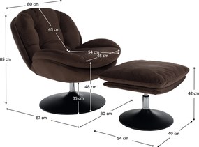 Scaun pivotant de lux cu suport pentru picioare, ţesătură Velvet maro, ADELMO