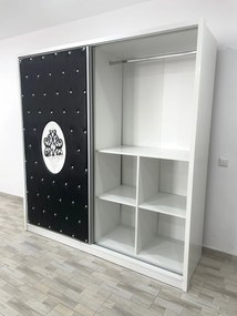 Dormitor Viena, culoare alb / negru, cu pat tapitat 160 x 200 cm, dulap cu 2 usi, comoda cu oglinda, 2 noptiere si saltea