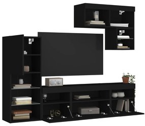 3216733 vidaXL Unități de perete TV cu LED-uri, 6 piese, negru, lemn prelucrat