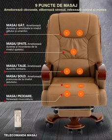 EXECUTIVE SIGNATURE 8033 – Scaun directorial din piele naturala si lemn masiv, Masaj in 9 puncte si Incalzire, rezistent 150 kg, Khaki