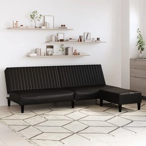 Canapea extensibila 2 locuri si taburet, negru, piele ecologica Negru, Cu scaunel pentru picioare