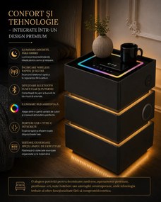 SÉLIA — Noptieră inteligentă cu încărcare Wireless, Bluetooth Stereo, iluminare RGB, USB + Type-C și senzor de mișcare, Gri