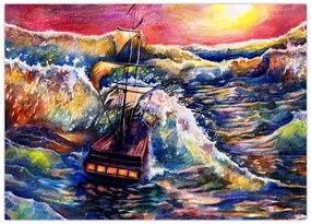 Tablou pe sticlă - Navă pe valurile oceanului, aquarelă (70x50 cm)