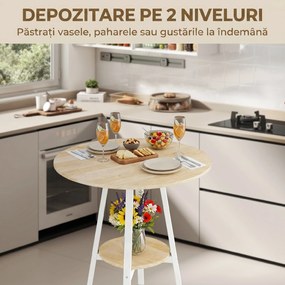 HOMCOM Masă Înaltă Rotundă cu Raft, Masă Modernă pentru Bucătărie sau Dining, PAL, Metal, Lemn Natural și Alb | Aosom Romania