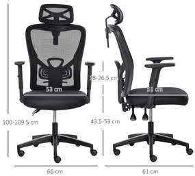 Scaun de birou ergonomic Vinsetto, Inaltime reglabila, Tetiera, 66x61x100-109.5cm, Negru
