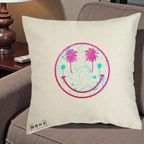 Perna Decorativa Smiley Face Tropical Glitter Roz, 40x40 cm, Ecru, Husa Detasabila, Perna Inclusa, BEKZ®