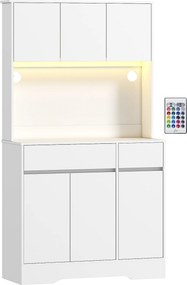 HOMCOM Bufet de bucătărie mobilier de bucătărie înălțat cu lumină LED RGB, blat de lucru, 6 uși, 2 sertare, alb | Aosom Romania