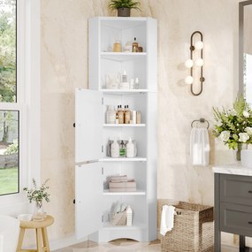 Dulap de baie triunghiular cu două rafturi deschise, pereți despărțitori reglabili, 51,7x32x155,4 cm, Alb