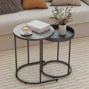 HOMCOM Set de 2 Măsuțe de Cafea în Stil Industrial, din Lemn și Metal, Ø42x54 cm și Ø36.5x48.5 cm, Gri și Negru | Aosom Romania