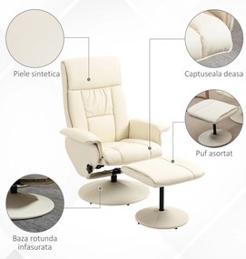 Fotoliu Living si taburet otoman cu baza infasurata, Scaun rabatabil rotitor din piele PU cu suport de picioare, Crem Alb | Aosom Romania