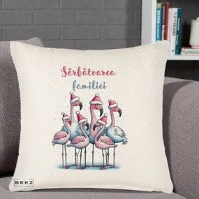 Perna Decorativa Flamingo Craciun Sarbatoarea Familiei, 40x40 cm, Crem Reliefat, Husa Detasabila, Perna Inclusa, BEKZ®