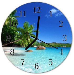 Ceas de perete din sticla rotund Insula Palm Copaci Peisaj Plante Albastru
