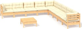 vidaXL Set mobilier grădină cu perne crem, 10 piese, lemn masiv de pin