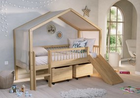 Pat Casă Înălțat Forrest Oak 90x200 cm, pentru Camera Copii, din Lemn de Stejar, Natur, cu Tobogan, Sertare și Set Textil – Vipack