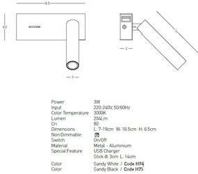 Aplica de perete cu spot LED directionabil, USB Charger Nihad alba