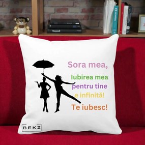 Cadou pentru Sora - Perna Personalizata Sora Mea Te Iubesc Siluete Colorate Umbrela, 40x40 cm, Alba Mata, Husa Detasabila, Perna Inclusa, BEKZ®