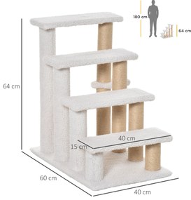 PawHut Scara pentru pisici cu 4 trepte, scara pentru animale de companie cu stâlpi de zgâriat, minge, scara pentru căței, scara pentru animale de companie pentru pisici de până la 5 kg, pluș și iută, alb, 60 x 40 x 64 cm | Aosom Romania