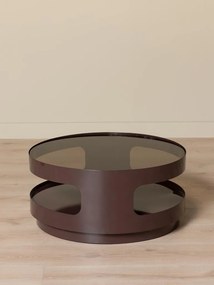 Măsuță de cafea din sticlă și metal, rotundă, cu structură cilindrică și decupaje laterale, maro antichizat, finisaj mat, 70×32 cm, „Onyru"