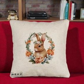 Perna Decorativa Iepuras Floral Coronita Acuarela, 40x40 cm, Bej Canapea, Husa Detasabila, Perna Inclusa, BEKZ®