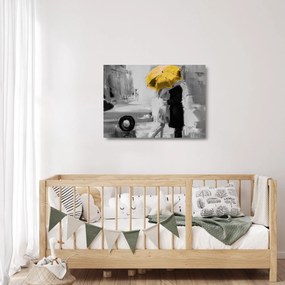 Tablou pe sticlă - Cuplu în dragoste sub o umbrelă, galben (70x50 cm)