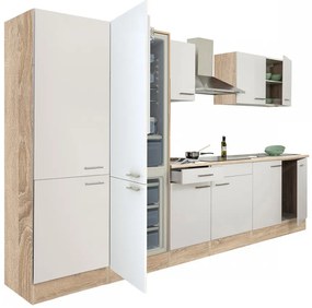 Mobilă de bucătărie Yorki 330, corp din stejar sonoma, față alb satinat, dulap cu rafturi și frigider congelator inferior