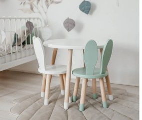 Set masuta rotunda roz si 2 scaunele iepuras alb si mint