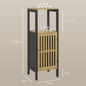 HOMCOM Dulap de Depozitare Îngust, Dulap de Baie Mic din Bambus cu Compartiment Deschis și Raft Reglabil, 32x30x90.5 cm, Negru | Aosom Romania