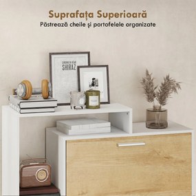 HOMCOM Dulap Slim pentru Pantofi cu 2 Sertare Rabatabile, Dulap Intrare cu Rafturi Reglabile, 3 Rafturi Deschise, Spațiu pentru 8 Perechi de Pantofi, Alb și Lemn Natural, 80x26x90 cm | Aosom Romania