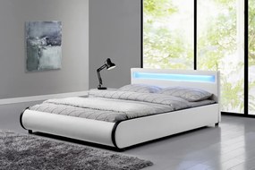 Pat tapitat piele PU, cu iluminare LED, telecomanda, cadru lemn, suport saltea inclus, 160x200, Alb