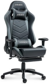 DOWINX Scaun gaming, ergonomic, suport lombar cu masaj, spătar rabatabil 90-180°, cotiere reglabile, suport pentru picioare, rezistent 150 kg, piele PU, Negru/Gri