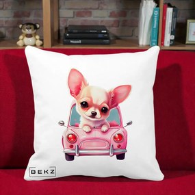 Perna Decorativa Chihuahua Roz in Masinuta, 40x40 cm, Alba Mata, Husa Detasabila, Perna Inclusa, BEKZ®